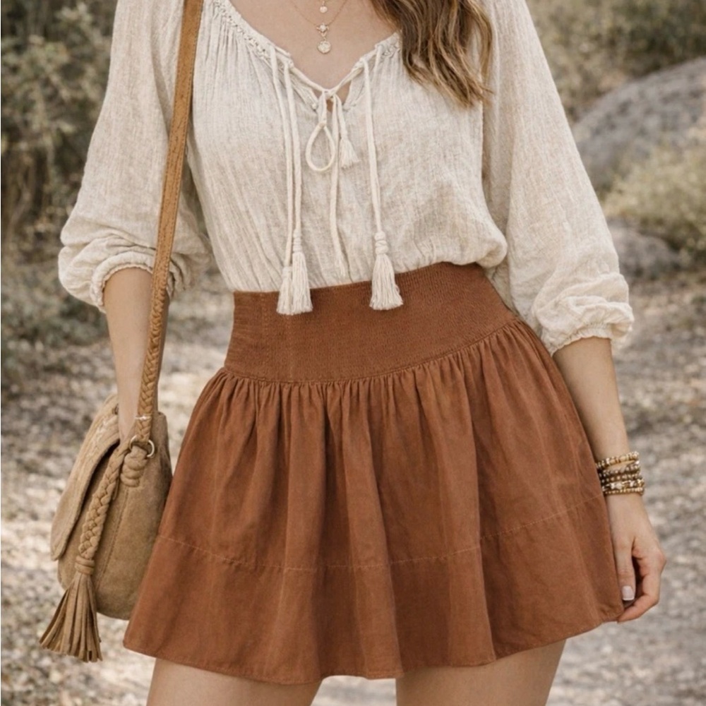 Maeve Rust Mini Skirt w/ Button Detail Western Rustic Boho Neutral
